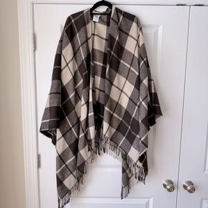 Coldwater Creek Wool-Blend Brown and Cream Plaid Wrap / Poncho with Fringe! OS